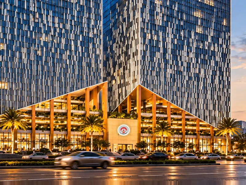 Main entrance and podium of Ajmera commercial towers
