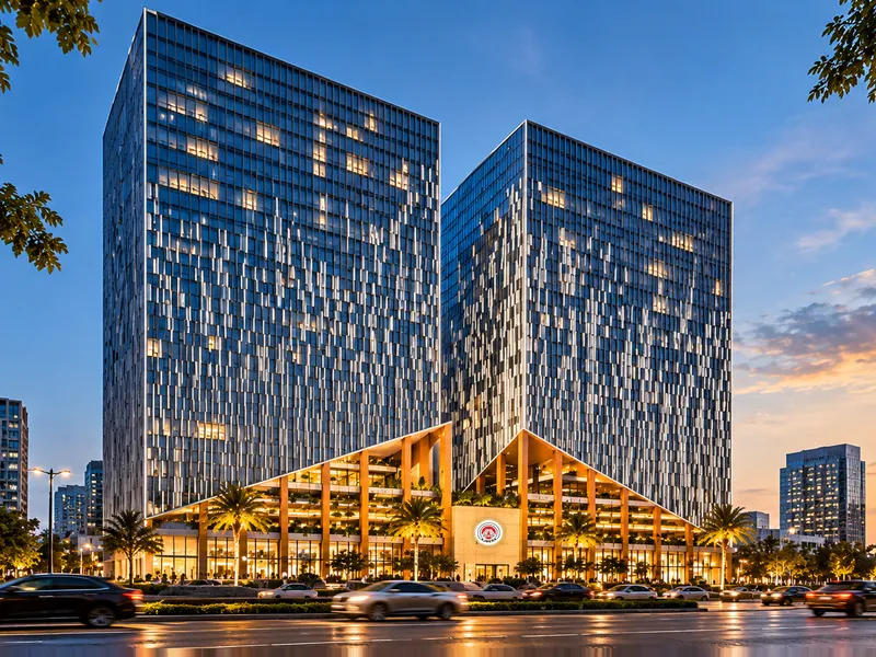 Ajmera twin commercial towers at twilight, Wadala